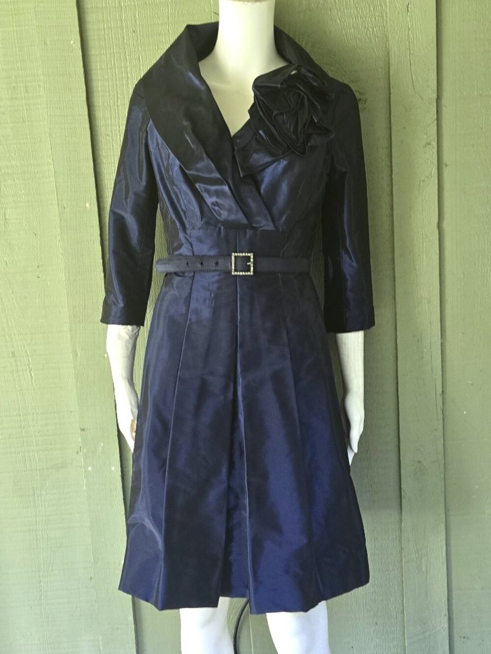 TERI JON Rickie Freeman Indigo Blue Taffeta Dress w/ Belt 4